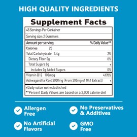 Suiyilary Ashwagandha Gummies 2000mg, Ashwagandha High Strength Root Extract Supplement with Vitamin B12 for Men Women, Strawberry Flavour 45 Days Supply 90 Gummies