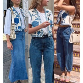 Meihuida Women Embroidered Vest Top Y2k Vintage Open Front Floral Boho Cropped Waistcoat Blue L