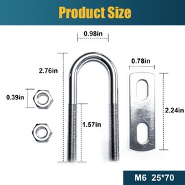2 Sets M6 U-Bolt, 1" Wide U Bolt with Washers and Nuts, Heavy Duty Galvanized Carbon Steel Round U Bolts for Trailers, Boats, Replacement Parts and Accessories for Ski Boat, Fishing Boat
