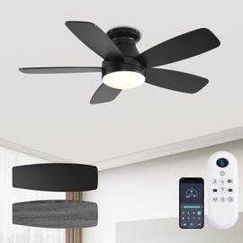 JSAITEE Ceiling Fans with Lights, 42 Inch Low Profile Ceiling Fan with Light and Remote/App Control, Flush Mount, Reversible, 3CCT, Dimmable, Noiseless, Black Ceiling Fan for Indoor/Outdoor Use