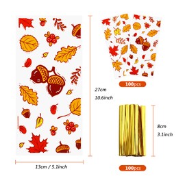 Kesote 100 Pieces Fall Thanksgiving Cellophane Treat Bags, Clear Pumpkin Maple Leaf Goodie Candy Treat Bags Bulk with Twist Ties for Thanksgiving Autumn Fall Party Favor Supplies