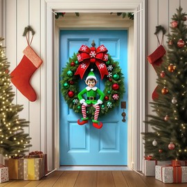 BlissYard Christmas Door Cover Christmas Elf and Wreath Hanging Banner Backdrop Photography 71x35 Inch Front Door Decorations Outdoor Decor Winter Xmas Photo Booths Props（Banner, Not a Real Wreath）