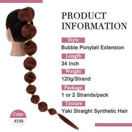 Benehair Long Bubble Ponytail Extension for Black Women Copper Red Ponytail Synthetic Hairpieces 34Inch Braided Bubble Ponytail Straight Hair Extension Afro Bubble Ponytails (120g 1pcs/pack, #350)