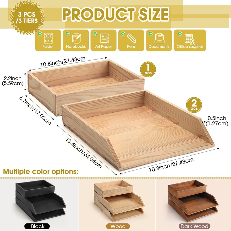 Beeveer 3 Pcs Wooden Letter Trays, Wood Letter-Size Desk Organizer,