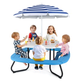 HONEY JOY Kids Picnic Table, 8 Person Toddler Outdoor Table and Chair Set, 4 Built-in Benches, Removable Umbrella, Metal Frame & HDPE Top, Children Outdoor Furniture for Backyard Patio Garden (Blue)