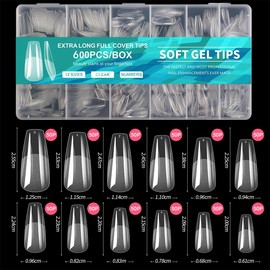 600 Piezas Tips para Uñas Soft Gel,Incluir 12 Tamaños,Uñas Postizas de Transparentes,Soft Gel Tips Acrilicas Postizas,Acabado Mate,No Requiere Lijado,Con Caja,para DIY Nail y Salones