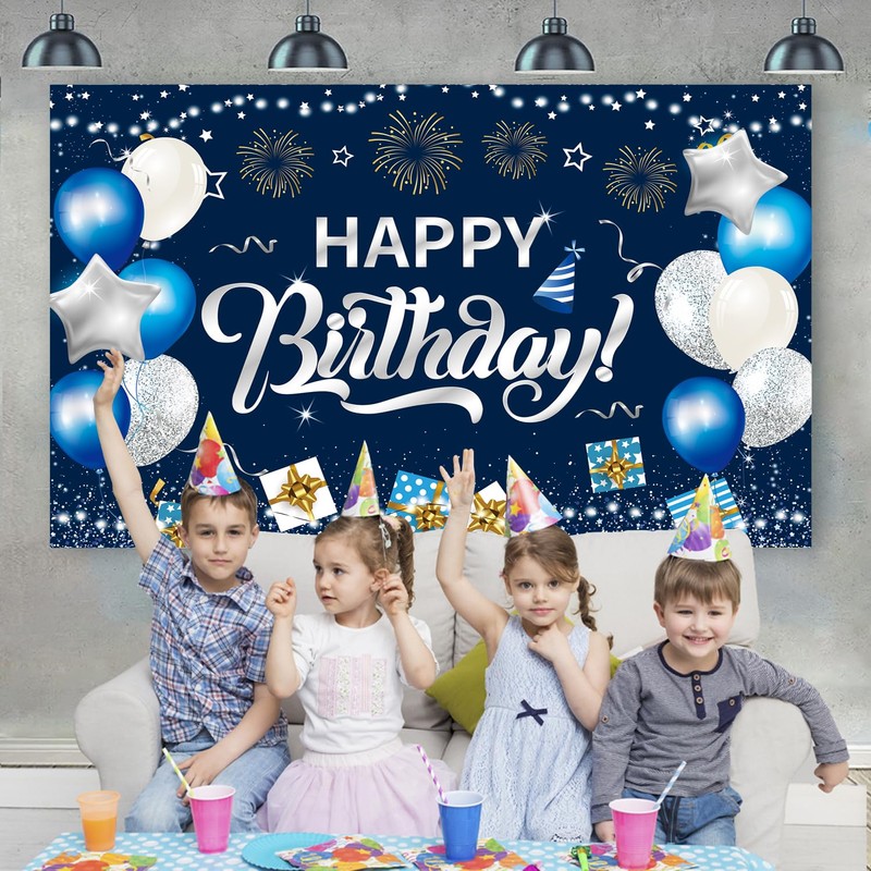 Happy Birthday Banner Decorations, Blue Silver Party Backdrop Banner Birthday