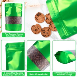 100 Pack Smell Proof Bags, Resealable Green Mylar Bags with Matte Window, Foil Pouch Stand Up Sealable Bags for Packaging, 5.9 × 8.66 Inch