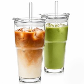 Ayemol 20oz Glass Tumbler with Lid and Straws, Reusable Ice Coffee Cups, to Go Drinking Glasses for Water, Smoothie, Matcha, Iced Tea Fruit Juice, Hot and Cold Beverages, Clear, Set of 2
