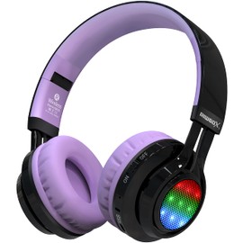Riwbox Bluetooth Headphones for Kids, AB005 Wireless Kids Headphones V5.3 with Microphone Foldable Headset with LED Light and TF Card FM Radio Compatible for Tablet PC TV (Black&Purple)