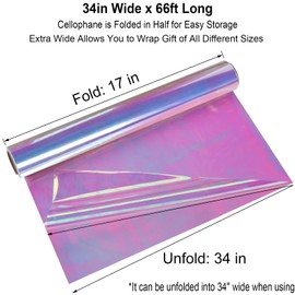 34 in x 66 Ft Iridescent Cellophane Wrap Roll - Extra Wide Cellophane Paper Roll - Iridescent Transparent Cellophane Roll Plastic Wrap for Gift Baskets, Treats, Crafts, Party & Christmas Gift Wrapping