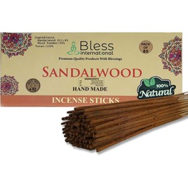 Bless-Sandalwood 100%-Natural-Handmade-Hand-Dipped-Incense-Sticks Organic-Chemicals-Charcoal-Free Purification-Relaxation-Positivity-Yoga-Meditation Best-Woods-Scent (80 Sticks (4.20 OZ))