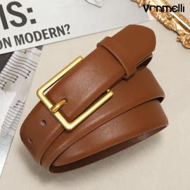 VONMELLI Women's Belt for Jean Dress, Brown Leather Belt for Women Fashion Ladies Belt with Rectangle Gold Buckle, M