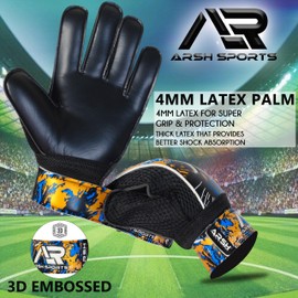Arsh Sports Soccer Goalie Gloves, Football Goalkeeper Gloves for Kids Youth & Adult Strong Grip Finger Save 4mm Latex Finger Spine Protection (Gold-Black, Size 4 Suitable for 6-9 Years)
