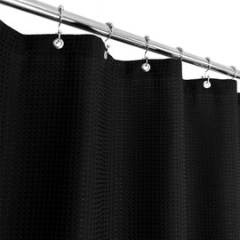 Barossa Design Long Waffle Weave Shower Curtain 71" W x 78" H - Hotel Luxury Spa, 230 GSM Heavy Weighted Fabric, Water Repellent, Black, 71x78