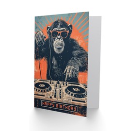 Artery8 Birthday Card Retro DJ Chimp Sunglasses Ape Decks For Him Man Male Dad Brother Son Papa Grandad Greeting Card