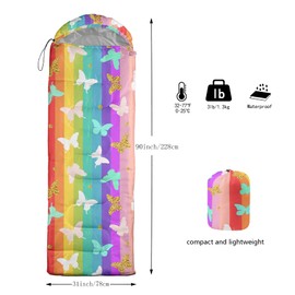 QOOMO Rainbow Butterfly Printed Camping Sleeping Bags,3 Season Warm & Cool Weather,Lightweight,Waterproof Sleeping Bags for Adults & Kids,Traveling,and Outdoors,Camping Gear Equipment,31x90inch