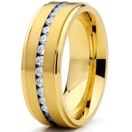 Metal Masters Goldtone Titanium Men's Eternity Wedding Band Ring with Cubic Zirconia CZ, Comfort Fit 8mm SZ 8.5