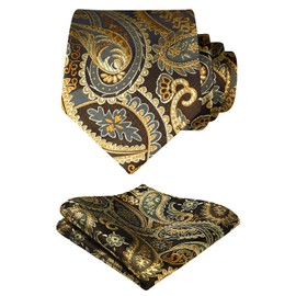 HISDERN Extra Long Floral Paislry Tie Handkerchief Men's Necktie & Pocket Square Set,Gold & Brown,XL, 63 inches length