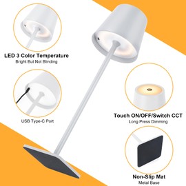 AIBISOD Cordless Table Lamp Rechargeable: 5000mAh Battery Operated LED Desk Lamp, 3 Color Stepless Dimming, Portable Table Light Outdoor for Home Office, Dining Room, Bedroom and Bar, Portable IP54