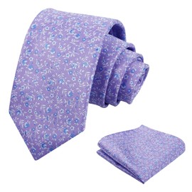 Alizeal Mens 3.15inches Spring Exquisite Flower Tie with Small Floral Printed Pocket Square, Lilac+Blue+White