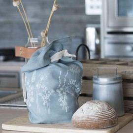 Plastic Free, Reusable Linen Bread Bag in Duck Egg Blue. Handprinted With Cottage Garden Flowers, Helps To Keep Your Bread Fresher For Longer, Made In Cornwall UK. Measures approx: 42cm x 28cm x 12cm