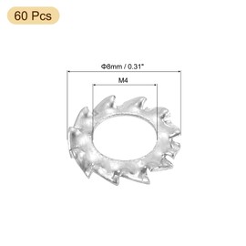 sourcing map 60Pcs External Tooth Washers, M4 304 Stainless Steel External Serrated Washer for Mechanical Equipment Fasteners, Silver