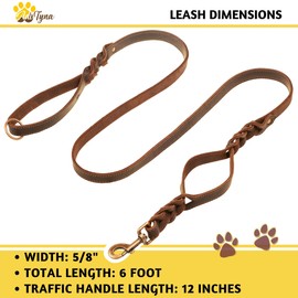ADITYNA Double Handle Leather Dog Leash 6 Foot - Heavy Duty Dog Leash with Traffic Handle - Braided Leather Lead for Large and Medium Dogs