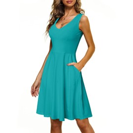 HUHOT Merida Costume for Women Turquoise Summer Cotton Dress V Neck Midi Mint A-Line Midi Sundresses with Pocketes