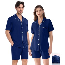 YOPUGEE Matching Pajamas Set for Couples Women Men Short Sleeve Sleepwear Button Down 2 Pcs Loungewear,Navy Blue-XL