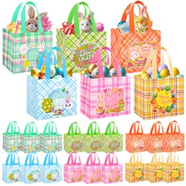 18 Pack Easter Egg Hunt Bags with Handles, 8.3 x 7.8 x 6 inch Large easter Gift Bags 6 Unique Pattern for Gifts Wrapping, Party Supplies