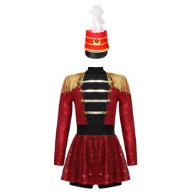Nikiikoo Kids Girls Circus Ringmaster Jumpsuit Sparkly Sequins Leotard Dress Drum Majorette Honor Guard Outfit Red 16