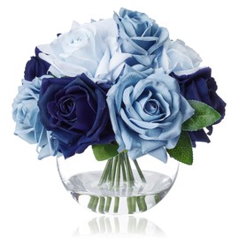 WELL KNOWN Silk Rose Artificial Flowers with Vase Artificial Rose Flower Arrangements in Round Bowl Vase with Faux Water for Home Table Decoration (Bicolor Blue)