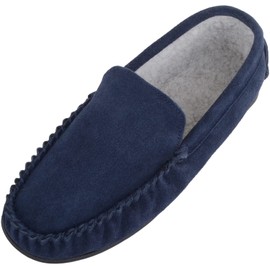 SNUGRUGS Mens Berber Fleece Lined Moccasin Slipper with Non-Slip Rubber Sole - Navy - UK 8