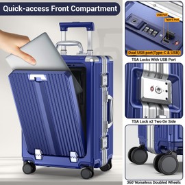 Ladplay Portable Carry on Luggage Airline Approved, Expandable Luggage with Wheels for Trips, Practical Suitcase with Front Pocket ＆ USB Port.(01-Blue)
