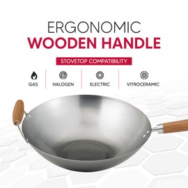 Helen's Asian Kitchen Wok, Carbon Steel and Bamboo, 14-Inches