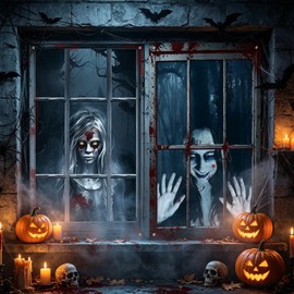 2 PCS Halloween Window Decorations Scary Ghost and Bloody Zombie Posters