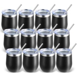 12 oz Double Wall Insulated Stainless Steel Wine Tumblers Blanks in Bulk for Sublimation 900ml/800ml Capacity with StrawItem Package Quantity: 50pcs, color: Black, capacity: 12oz