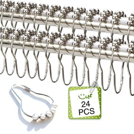 24 Pieces Stainless Steel Shower Curtain Hooks and Rings Set - Polished Nickel, Lightweight and Durable for Bathroom Curtain Rollers and Shower Curtain Rods, Metal Shower Curtain Rings