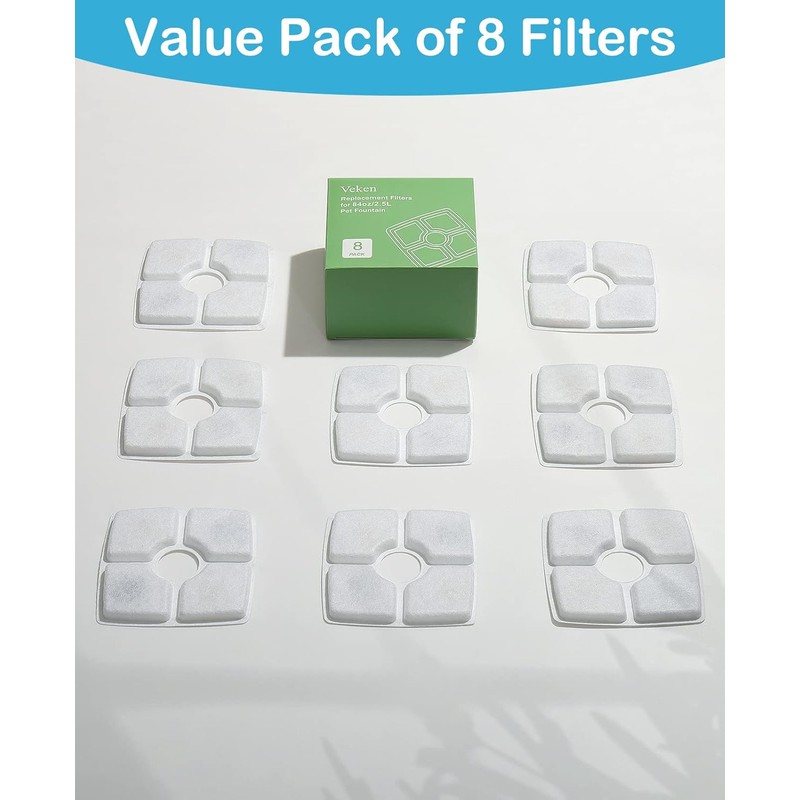 Veken 8 Pack Replacement Filters for 84oz/2.5L Automatic Pet Fountain