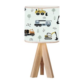 OEPWQIWEPZ Tripod Bedside Desk Table Lamp Cute Children Seamless Construction Machinery Cartoon Hand Wood Nightstand Lamp with Linen Fabric Shade for Nursery Bedroom Living Room Kids Room