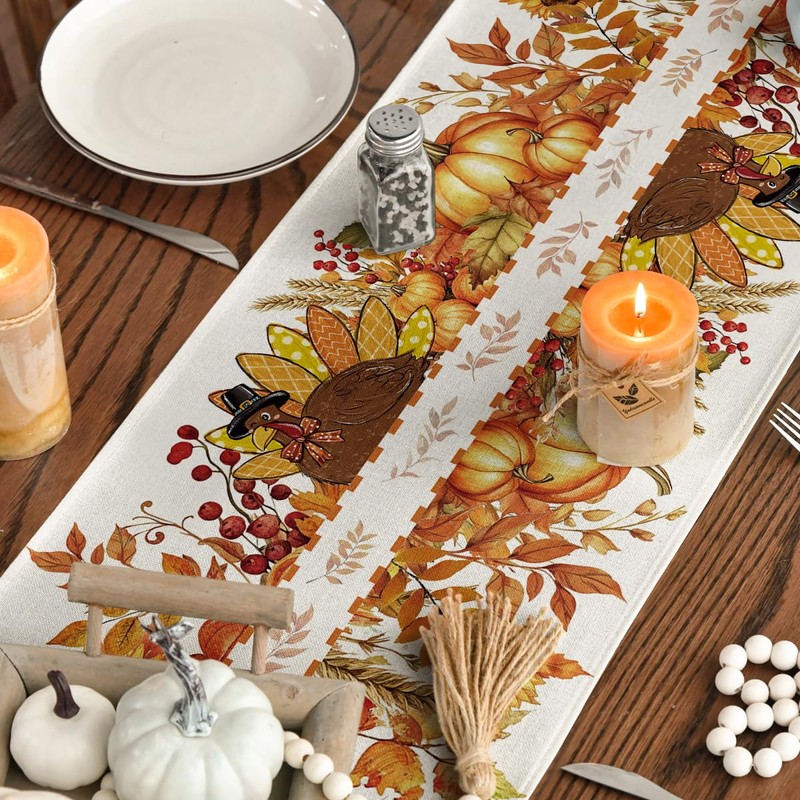 Sunflower Turkey Leaves Thanksgiving Table Runner, Harvest Fall Autumn Kitchen