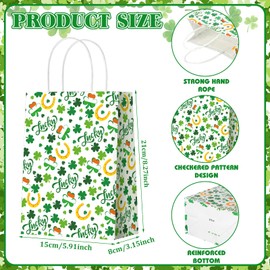 Glenmal 24 Pcs St. Patrick's Day Paper Gift Bags Bulk with Handle Shamrock Irish Goodie Bags Clover Treat Bags Lucky Candy Bags for Happy St. Patrick's Party Favor Supplies Wedding Birthday