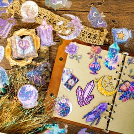 Holographic Gold Foil Witchy Stickers - 30Pcs Magic Astrology Celestial Stickers for Scrapbook Journals, Planners, Stationery Decor Mystical Transparent Art (Magic Witch)