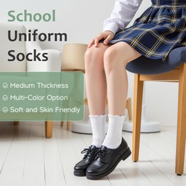 HONGTEYA 6 Pairs Girls White Ruffle Socks School Uniform Dress Socks for Kids Seamless Crew Ankle Cotton Size 4-14 Years (US, Age, 4 Years, 6 Years, white love)