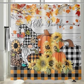Aqrbeci Fall Pumpkin Gnome Shower Curtain, Autumn Maple Leaves Sunflower Orange Buffalo Plaid Thanksgiving Bathroom Curtains Waterproof Fabric Bath Curtain 72x72 Inch with 12 Hooks