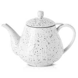 KOOV Ceramic Teapot with Infuser, 40 ounce Tea Pot with Infuser for Loose Tea, Large Enough For 6 Cups, Splash Series (Splashed White)