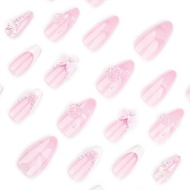 White French Tip Press on Nails Medium Almond Fake Nails with 3D Bow Flower Pearl Charm Designs Spring Nails Press ons Glossy Glue on Nails Butterfly False Nails Pink Stick on Nails for Women 24Pcs