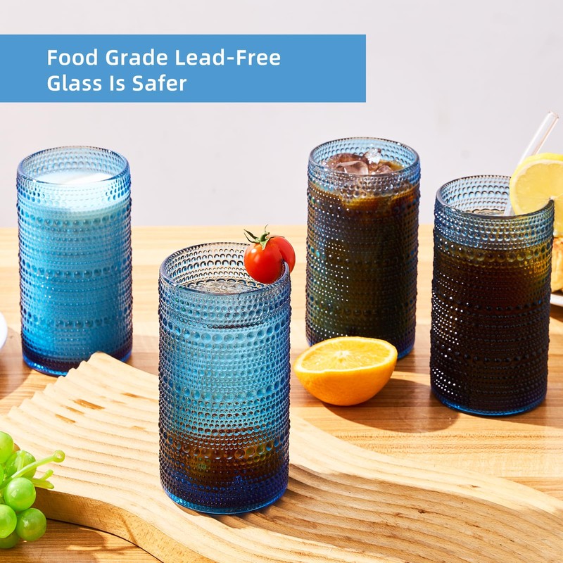 16oz Hobnail Drinking Glasses, Set of 6 Blue Tumblers