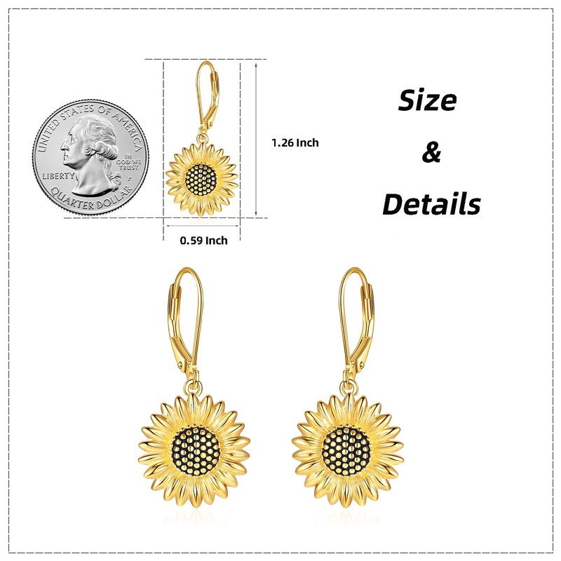 Sunflower Dangle Drop Earrings 925 Sterling Silver Sunshine Leverback Earring